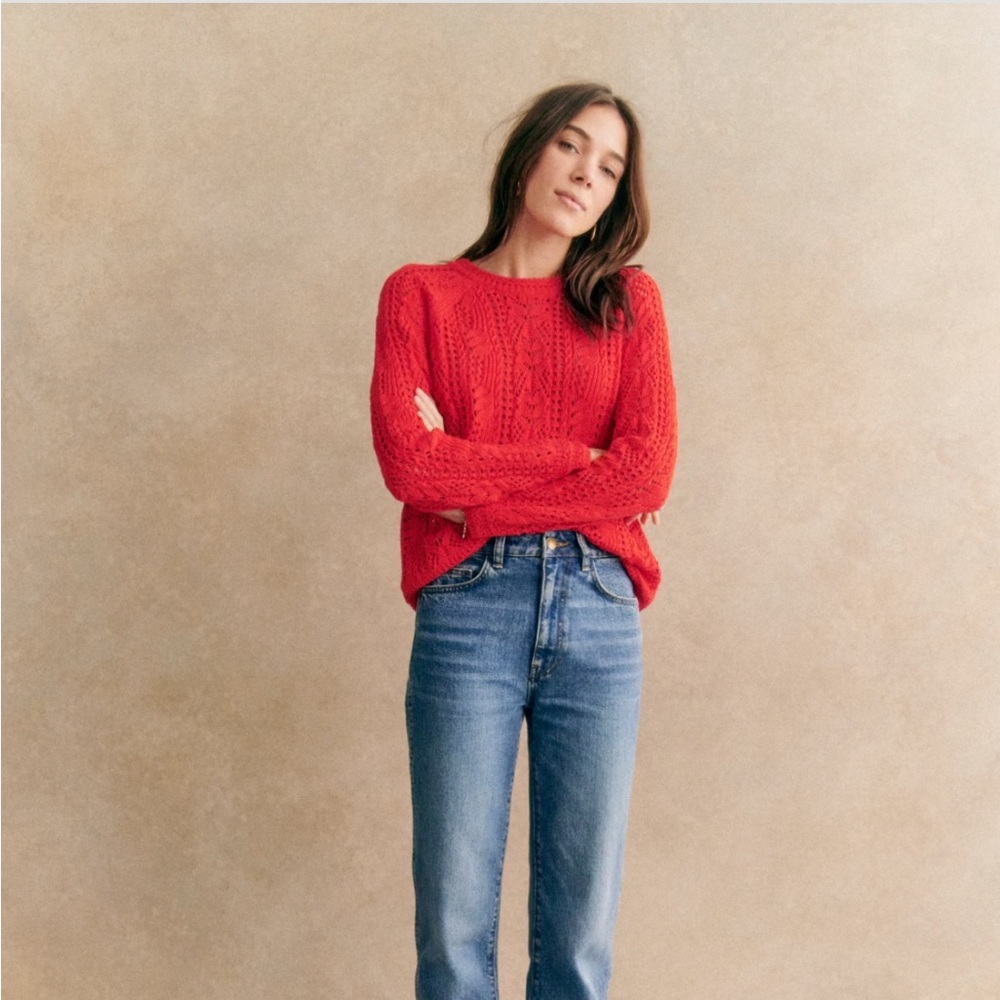 Sezane Red Cable Knit Crew Neck Sweater